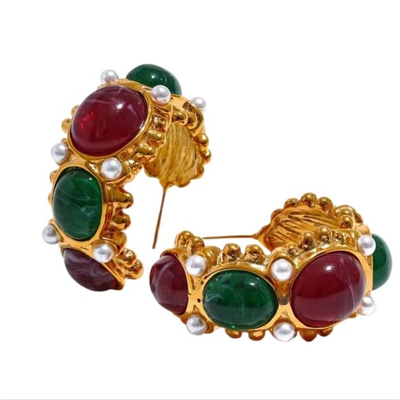New ANTHRO 18k Gold C French Hoops with Red and Green Gems, Faux Pearls - Picture 2 of 12